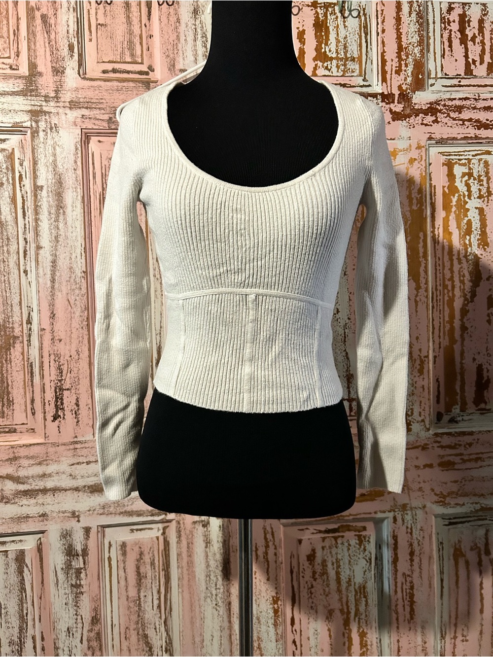 Abercrombie & Fitch White Ribbed Scoop-Neck Long Sleeve Sweater